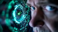 Close up view of intense blue eyes looking through futuristic circular holographic interface glowing in neon green, representing advanced technology and cybersecurity concepts.
