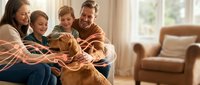 Happy family with two children and golden retriever dog playing together in living room at home.