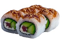 Fresh sushi rolls with tuna and cucumber, topped with spicy sauce and crispy onion garnish, arranged on white background, isolated for menu design.
