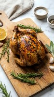 Golden roasted whole chicken with herbs on wooden cutting board. Cooked poultry with rosemary, thyme, lemon for holiday dinner, cooking, recipe content.