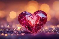 Pink crystal heart on glittery surface with golden bokeh lights in background creates romantic atmosphere for Valentine's Day cards and love concepts.
