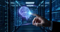 Hand touching holographic brain interface in futuristic data center with AI technology displays and server racks for machine learning concepts.