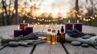 Spa wellness setup with purple candles, essential oil bottles, lavender bundles and smooth stones on wooden surface at sunset for relaxation therapy.