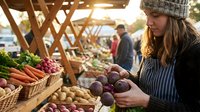 Young woman in knit hat selecting fresh purple turnips at outdoor farmers market with wooden produce stands during golden hour sunset.