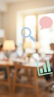 Magnifying glass, chat bubble, and bar chart icons floating over blurred office workspace with wooden desk and warm lighting, representing search, communication, and analytics for business solutions.
