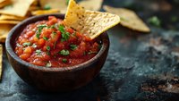 Fresh homemade salsa with diced tomatoes, onions, and cilantro served in rustic wooden bowl with crispy tortilla chips on dark textured background.