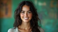 Young Hispanic woman with long dark wavy hair and bright genuine smile wearing casual grey top against blurred green background, radiating warmth and confidence.