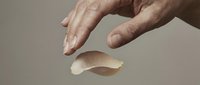Hand holding a peeled garlic clove against a neutral background, showcasing fresh organic ingredient for culinary and healthy lifestyle content.