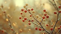 Frost-covered red berries on branches against golden bokeh background in winter forest, creating seasonal nature atmosphere.