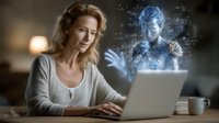 Middle-aged Caucasian woman working on laptop with futuristic holographic AI assistant projection, representing digital communication and virtual technology concept.