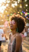 Happy young African American woman with curly afro hair laughing joyfully at outdoor festival with colorful bokeh lights and warm golden hour sunlight.