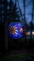 Ornate blue stained glass lantern with floral pattern hanging on chain in twilight forest setting creating magical ambient lighting atmosphere.