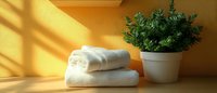 Fresh white folded towels and green potted plant on wooden surface with dramatic window light and shadows creating minimalist spa atmosphere. Wellness concept.