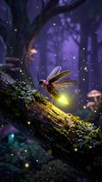Glowing firefly with luminous wings resting on mossy tree branch in enchanted purple forest with magical sparkles and fairy lights creating mystical atmosphere.