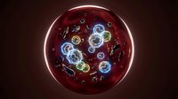 Glowing red sphere with luminescent molecular structures and neon atoms floating inside, scientific visualization for medical, biology, chemistry, and research presentations.