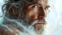 Dramatic side profile of bearded mature Caucasian man with intense gaze surrounded by ethereal smoke or fog creating mysterious atmospheric effect. Artistic portrait study.
