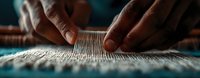 African artisan hands weaving traditional textile on manual loom in workshop, close-up panoramic view showing detailed craftsmanship and cultural heritage.