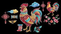 Colorful Chinese zodiac rooster set with floral branches, lucky knot, clouds, and scroll, isolated on transparent background, ready for stickers, sublimation, and t-shirt design.