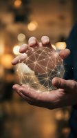 Hands holding glowing geometric network sphere with connected lines and nodes representing digital connectivity, technology innovation and global communication.