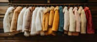Stylish faux fur and winter coats in trendy colors hanging on wooden rack. Fashion retail display of warm outerwear collection showing texture variety.