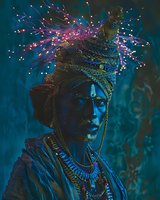 African woman wearing ornate headdress with glowing fiber optic elements and traditional jewelry against dark turquoise background, dramatic lighting creates mystical atmosphere.