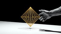 Monochrome hand reaching toward golden geometric wireframe diamond shape on white surface against black background, representing innovation, connection, and abstract design for creative projects.