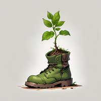 Young green plant growing from old military boot with soil, symbolizing new life, hope and environmental renewal on neutral background.
