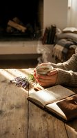 Cozy morning scene with hands holding steaming coffee cup, open book and lavender on wooden table by fireplace creating warm hygge atmosphere.