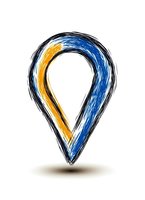 Artistic location pin marker with blue and yellow brush strokes on white isolated background, modern map pointer symbol for navigation and wayfinding.