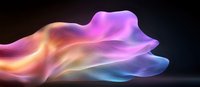 Flowing abstract waves in vibrant neon colors of purple, orange and blue create dynamic motion against dark background, modern design element for creative projects.
