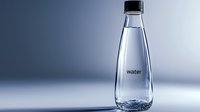 Clear glass water bottle with minimalist design on gradient blue background, showcasing pure liquid with simple "water" label for beverage packaging.