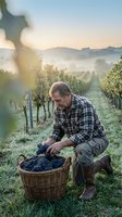 Senior male vintner harvesting ripe grapes in wicker basket at sunrise in vineyard rows with misty morning light and rolling hills background for wine industry.