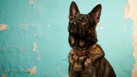 German Shepherd dog portrait against weathered turquoise wall background. Professional pet photography for veterinary, training, or animal care concepts.