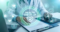 Doctor using digital tablet for health checkup with medical technology interface icons showing healthcare data and patient monitoring systems.