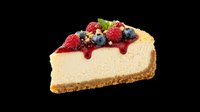 Creamy cheesecake slice topped with fresh raspberries, blueberries, and berry sauce on transparent background. Ready for menu design, food packaging, recipe blogs, print materials, and culinary graphics.
