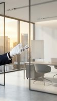 Businessperson in formal attire with white gloves gesturing inside modern high-rise office with floor-to-ceiling windows overlooking cityscape at sunset, contemporary workspace design.