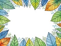 Colorful hand-drawn leaves frame with white center space for text or design elements. Autumn foliage border with vibrant green, blue, orange colors.
