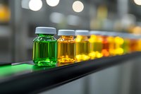 Colorful glass vials with liquid samples in laboratory setting, arranged in row showing gradient from green to amber. Bokeh background creates scientific atmosphere.