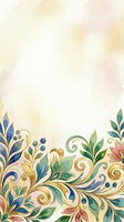 Watercolor botanical border with ornamental leaves, berries, and scrolling vines in blue, green, gold, and pink tones on cream background. Isolated design element for invitations, stationery, and decorative projects.