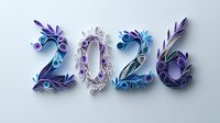 Decorative number 2026 in paper art style with blue and purple floral ornaments on light background. Creative quilling typography with elegant swirls and leaves.