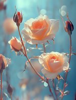 Peach roses with unopened buds backlit by soft sunlight against a dreamy blue bokeh background, creating an ethereal garden scene suitable for floral designs and romantic projects.