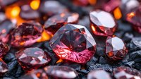 Red diamonds and gems scattered on dark surface with dramatic lighting, sparkling facets catch warm glowing highlights creating luxurious jewelry background.