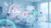 Glowing holographic cell structure with nucleus and neuron displayed in a futuristic hospital setting, blending science and medical technology.