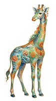 Ornate giraffe with intricate floral and geometric patterns in warm tones of orange, gold, teal and blue, isolated on white background for design projects.