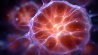 Glowing orange and purple neural network visualization with electrical impulses and synaptic connections on dark background showing brain activity patterns.