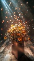 Glowing flowers with golden sparkles and light rays bursting from vase on wooden surface, creating magical atmosphere for celebration, events, and festive design projects.