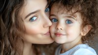 Young Caucasian mother with long brown hair kissing her curly-haired daughter with striking blue eyes, showing tender family moment against light background.