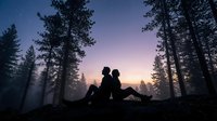 Silhouette of couple sitting together watching sunset through forest trees at dusk, romantic outdoor scene for travel and lifestyle content.