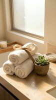 Rolled white towels tied with natural jute ribbon next to small succulent plant on wooden tray in sunlit spa bathroom setting for relaxation and wellness.