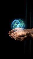 Elderly hands holding glowing holographic brain with tree symbol representing mental health, memory care, and neurological wellness on dark background.
